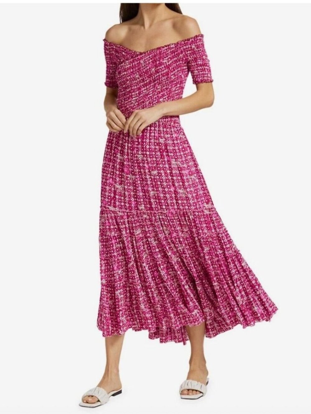 Poupette St Barth Soledad Smocked Midi Dress Pink Hyeres Floral Boho Small